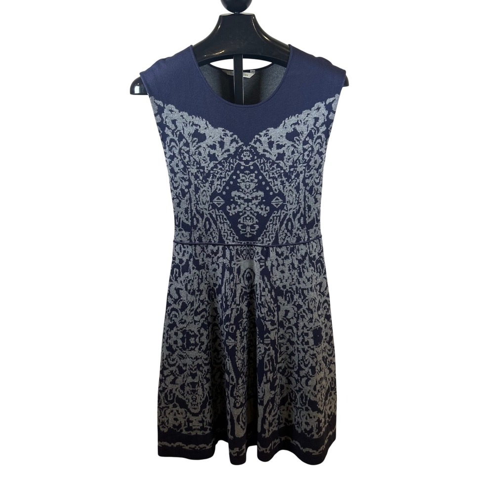 41 Hawthorn Navy Blue Silver Damask Jacquard Fit Flare Sweater Dress Womens M